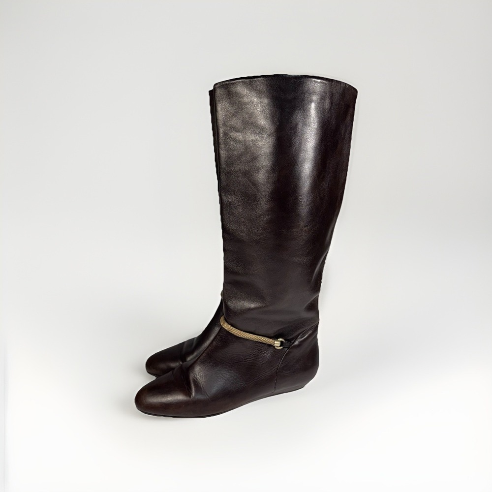 Magliorini Women's Brown Knee-High Boots Flat Gold Chain Size 10 Retro 80s Look
